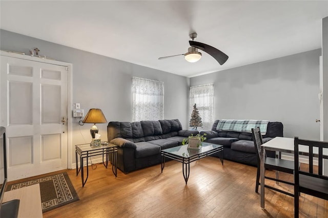 living room featuring ceiling fan and wood-type flooring