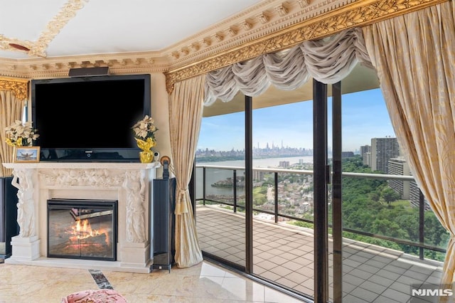 unfurnished living room featuring a fireplace, ornamental molding, and a healthy amount of sunlight