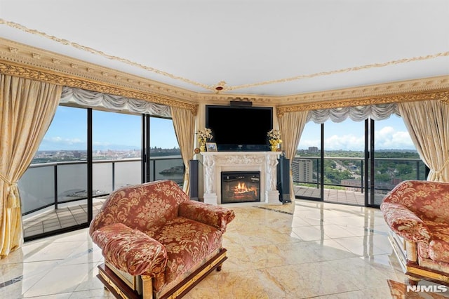 living room featuring a high end fireplace