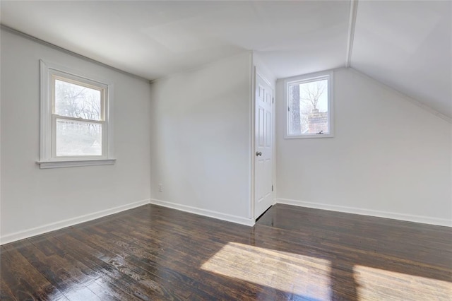 bonus room with a wealth of natural light, dark wood-type flooring, and lofted ceiling