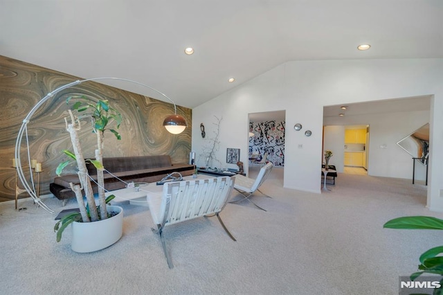 interior space featuring vaulted ceiling and light carpet