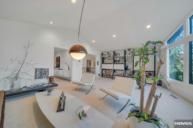 living room with carpet floors and vaulted ceiling