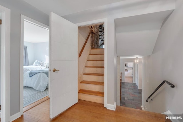 stairway with hardwood / wood-style floors