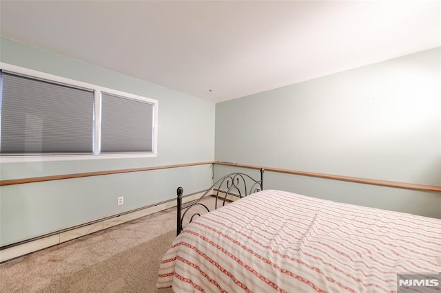 bedroom with baseboard heating and carpet floors