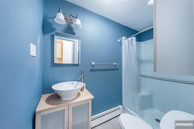 bathroom featuring vanity, toilet, curtained shower, and a baseboard heating unit