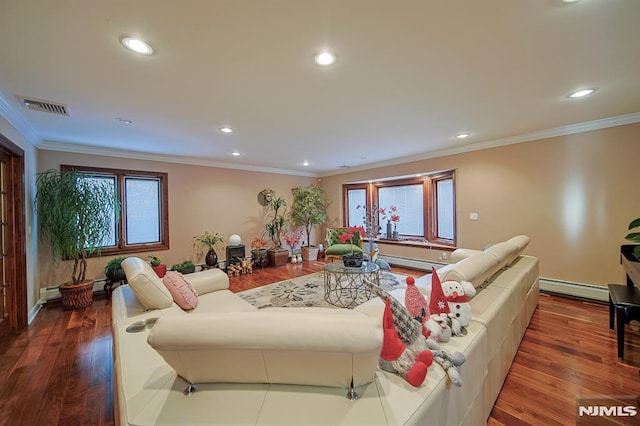 living room featuring crown molding, a baseboard radiator, and wood-type flooring