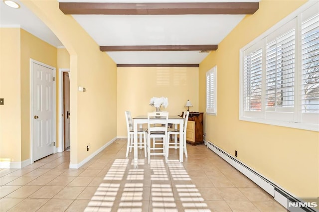 tiled dining room featuring beamed ceiling and a baseboard heating unit