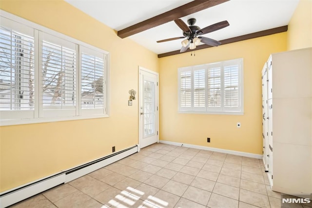 foyer entrance with light tile patterned flooring, ceiling fan, beamed ceiling, and a baseboard radiator