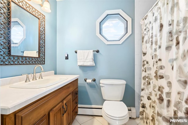 bathroom with tile patterned flooring, a shower with curtain, toilet, and baseboard heating