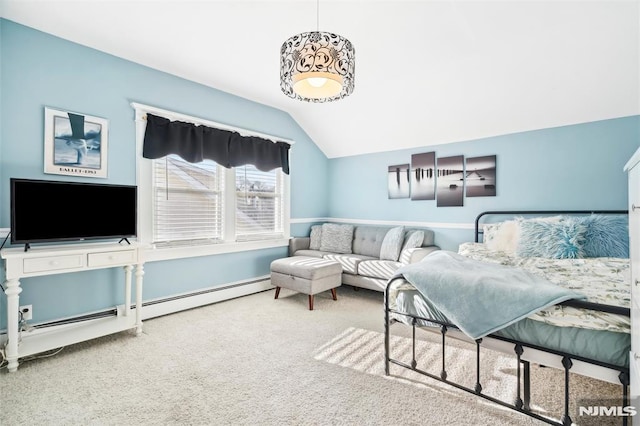 carpeted living room featuring baseboard heating and lofted ceiling