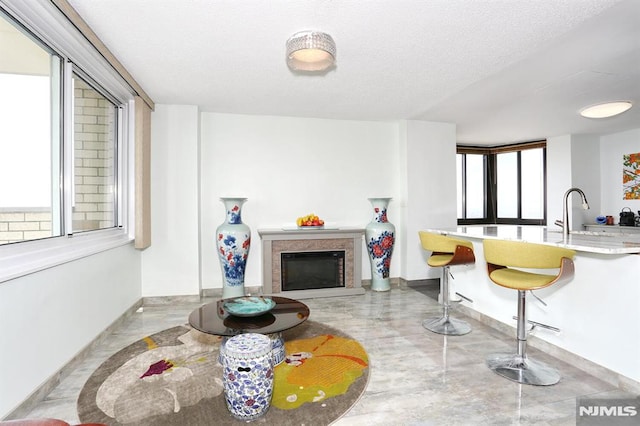 interior space with a textured ceiling and sink