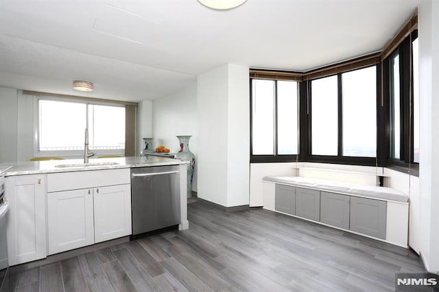 kitchen with white cabinets, sink, stainless steel dishwasher, dark hardwood / wood-style floors, and light stone counters