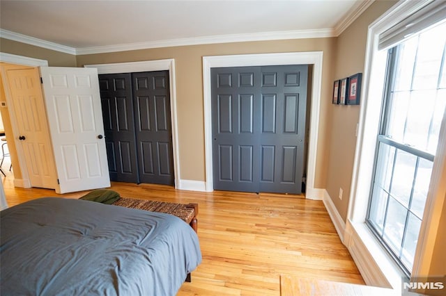 bedroom with two closets, light hardwood / wood-style floors, and ornamental molding