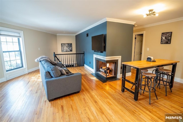 living room featuring a multi sided fireplace, crown molding, and light hardwood / wood-style floors