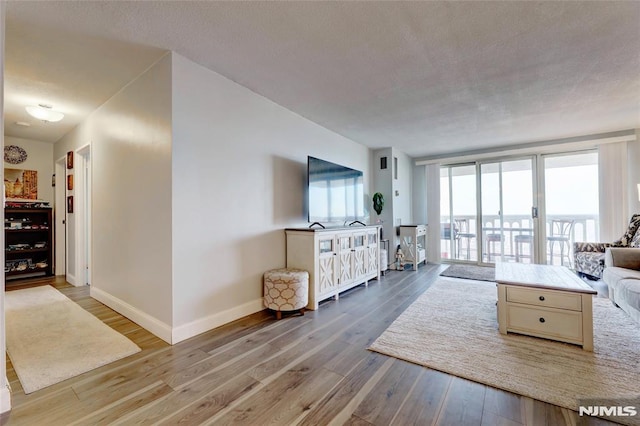 living room with floor to ceiling windows and light wood-type flooring