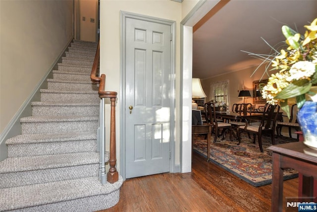 entryway with crown molding and hardwood / wood-style flooring