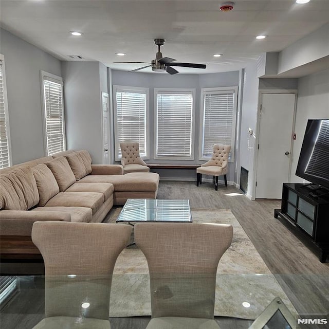 living room featuring ceiling fan, a wealth of natural light, and light hardwood / wood-style flooring