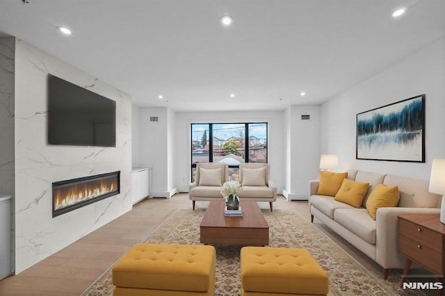 living room featuring a premium fireplace and light hardwood / wood-style floors