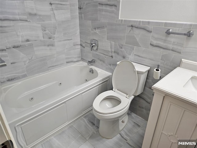 full bathroom featuring vanity, shower / bathtub combination, toilet, and tile walls