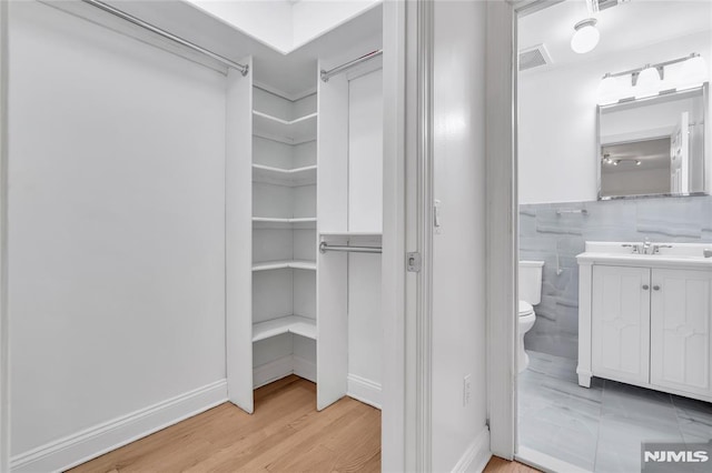 spacious closet featuring light hardwood / wood-style flooring