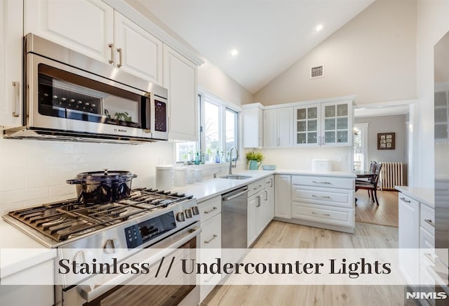 kitchen featuring white cabinets, sink, appliances with stainless steel finishes, tasteful backsplash, and radiator heating unit