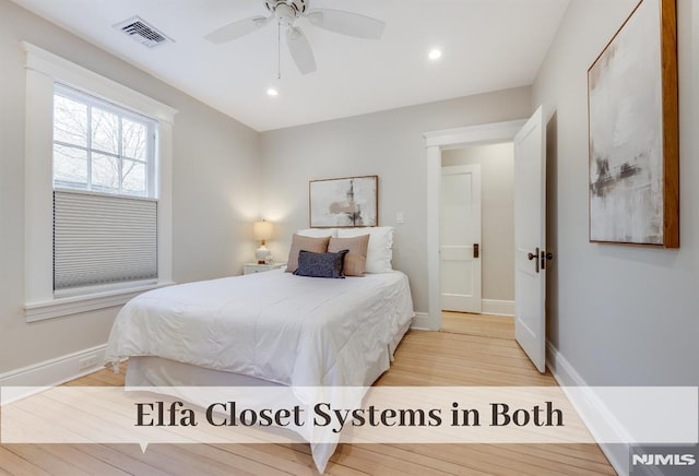 bedroom with light wood-type flooring and ceiling fan