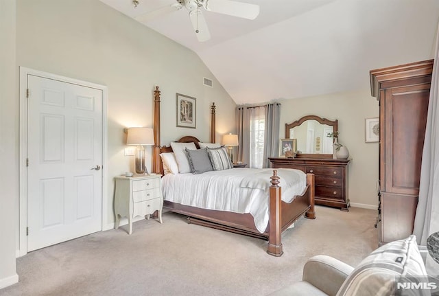 carpeted bedroom with lofted ceiling and ceiling fan