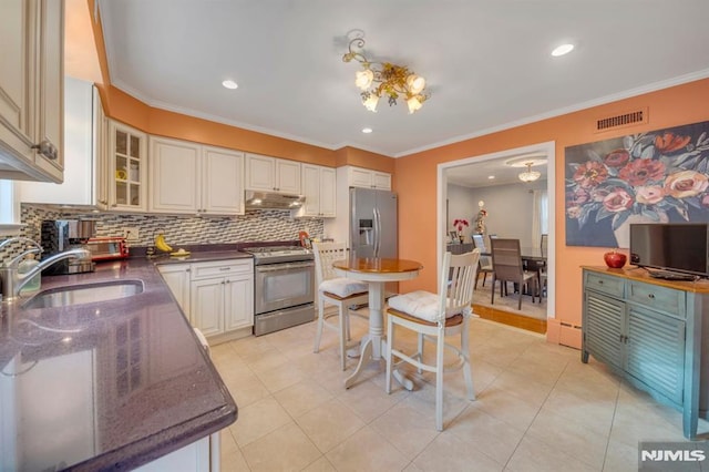 kitchen with sink, light tile patterned floors, tasteful backsplash, white cabinets, and appliances with stainless steel finishes