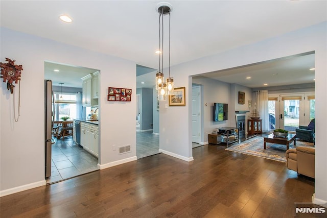 interior space featuring dark hardwood / wood-style flooring, plenty of natural light, and a fireplace