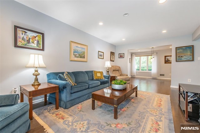 living room with dark hardwood / wood-style flooring