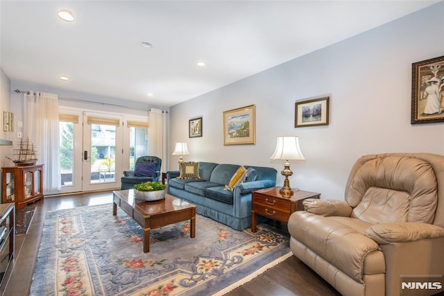 living room with dark hardwood / wood-style flooring