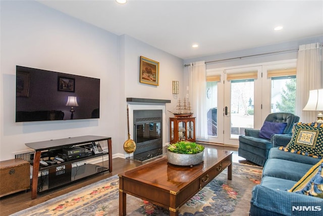 living room featuring french doors and hardwood / wood-style flooring