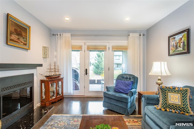 living room featuring dark hardwood / wood-style flooring and a fireplace