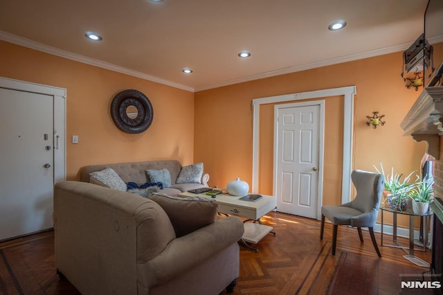 living room featuring dark parquet floors and crown molding