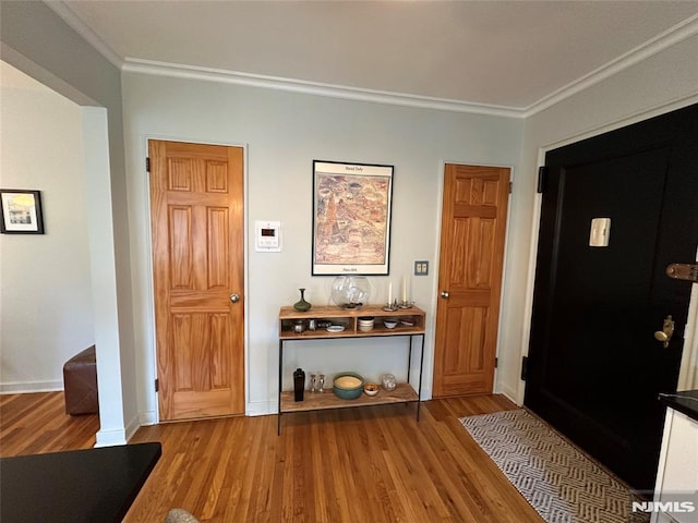 entryway with wood-type flooring and ornamental molding