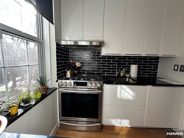 kitchen featuring white cabinets, decorative backsplash, stainless steel stove, and sink