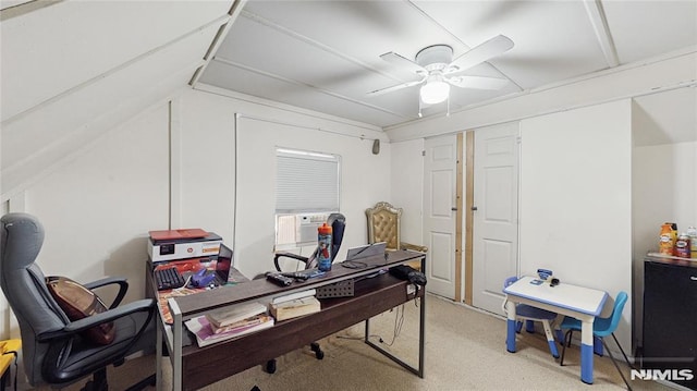 carpeted home office with cooling unit, ceiling fan, and lofted ceiling