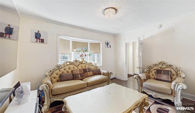 living room featuring wood-type flooring, a baseboard radiator, and crown molding