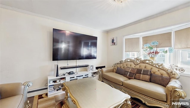 living room with baseboard heating and ornamental molding