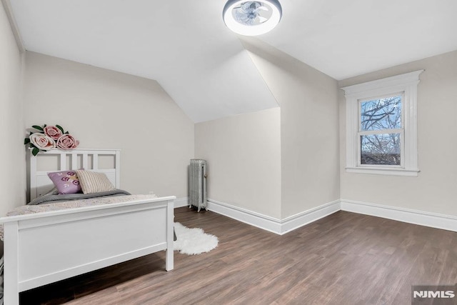 bedroom featuring radiator heating unit, dark hardwood / wood-style floors, and vaulted ceiling