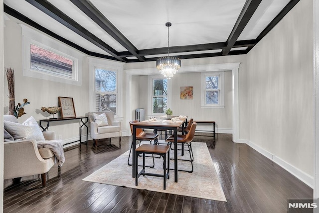 dining room with dark hardwood / wood-style flooring, beamed ceiling, coffered ceiling, and a notable chandelier