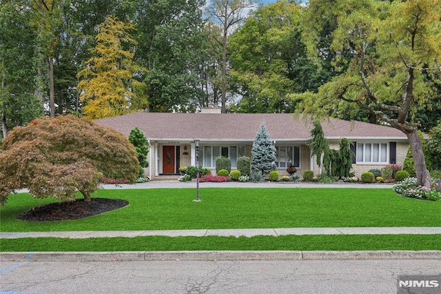 single story home featuring a front lawn