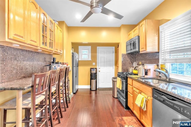 kitchen featuring sink, ceiling fan, dark stone countertops, tasteful backsplash, and stainless steel appliances