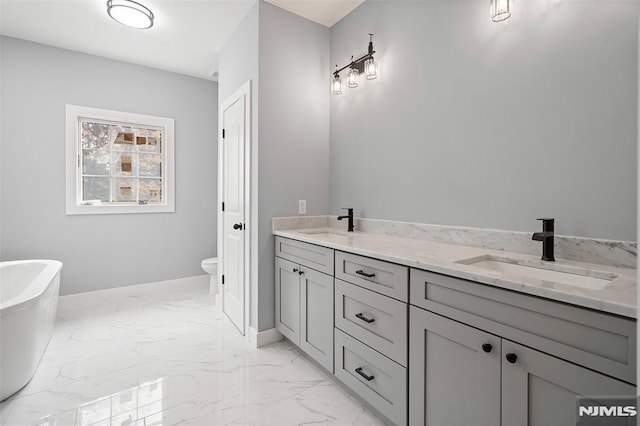 bathroom with a bathing tub, vanity, and toilet