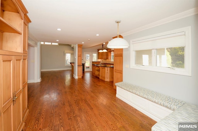 unfurnished living room featuring ornamental molding, a healthy amount of sunlight, and dark hardwood / wood-style floors