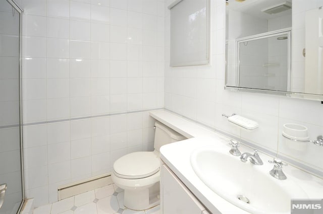 bathroom with tile walls, toilet, decorative backsplash, tile patterned floors, and an enclosed shower