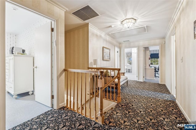 hallway featuring ornamental molding and carpet