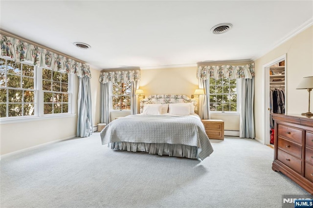 bedroom with crown molding, light colored carpet, and a baseboard radiator