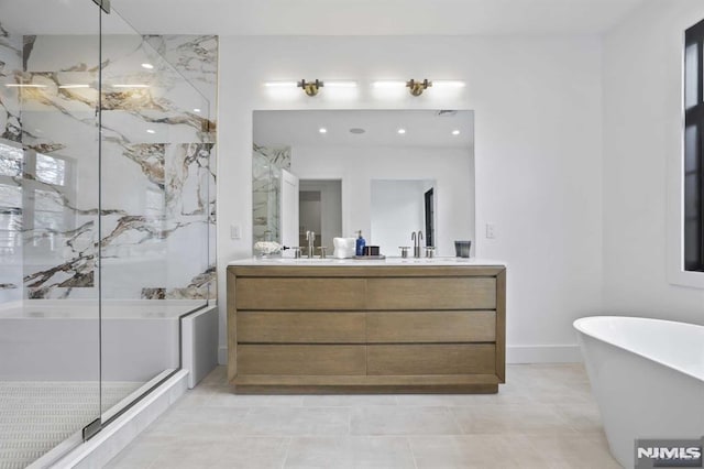 bathroom featuring plus walk in shower and vanity