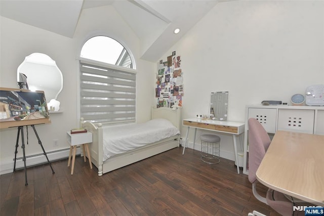 bedroom with dark wood-style floors, vaulted ceiling, and baseboard heating